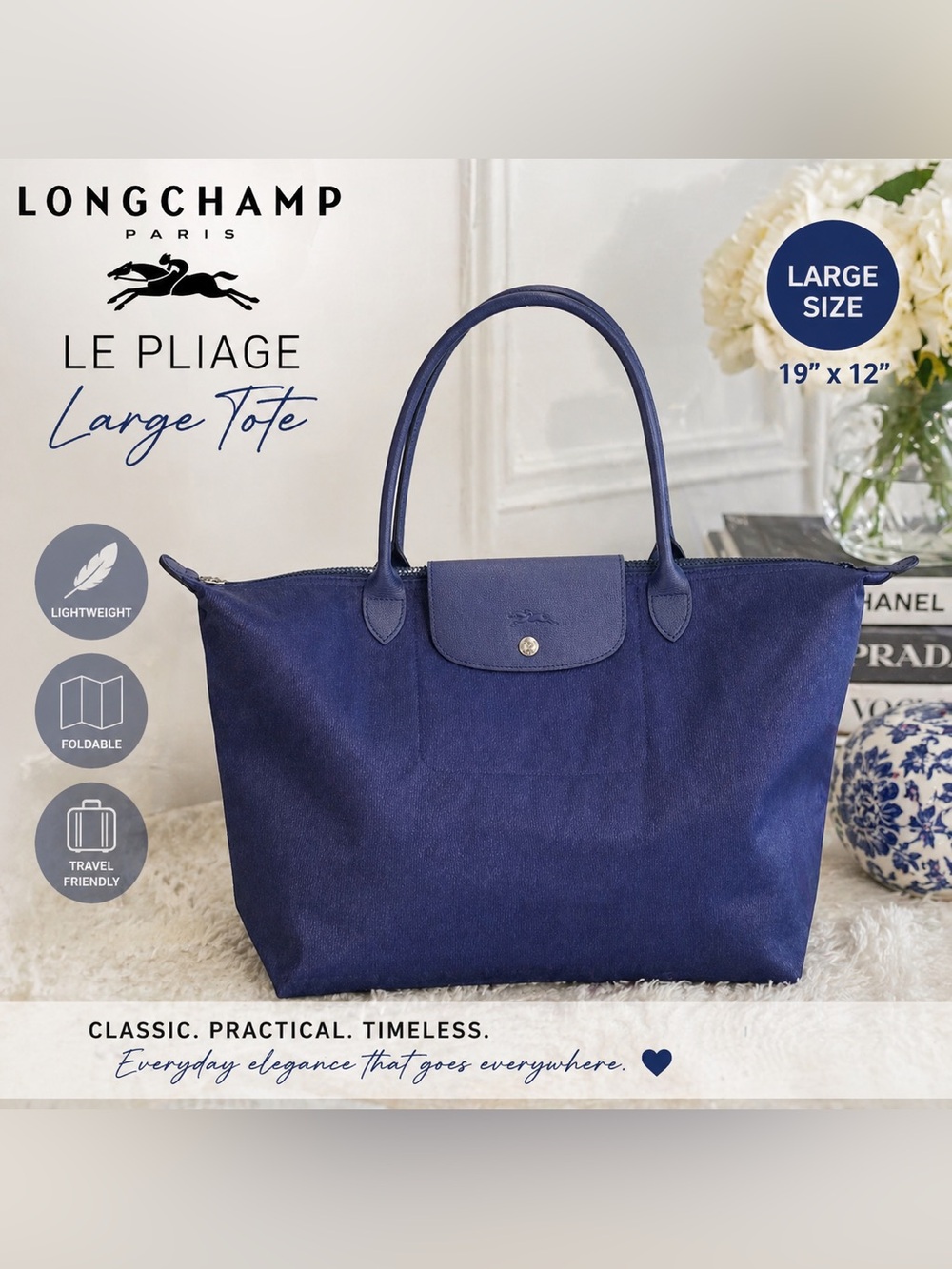 New Longchamp Navy Le Pliage Large Tote